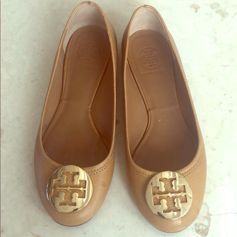 Tory Burch tan flats with gold buckle size 7.5